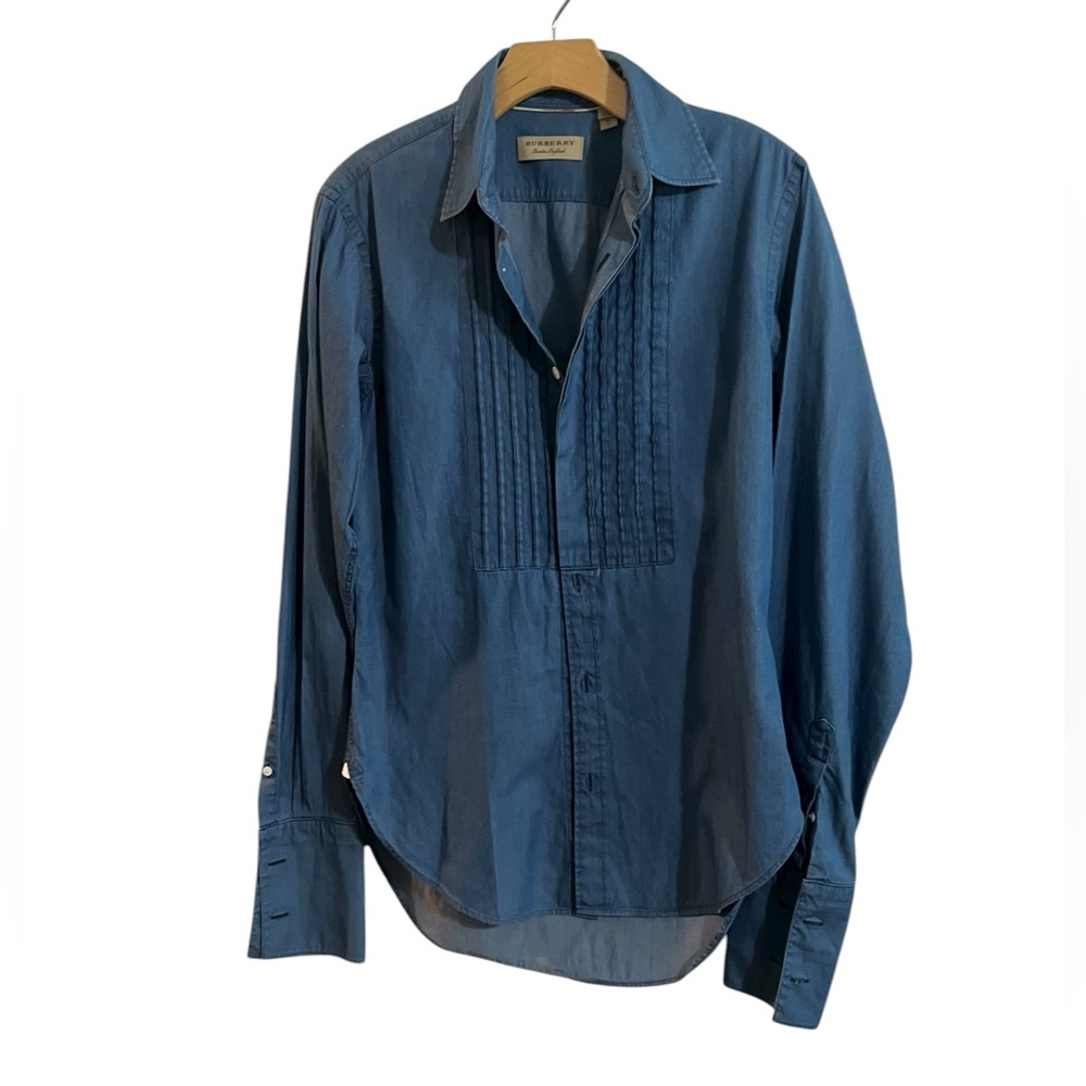 BURBERRY Brit Soft Denim Pintuck Tuxedo Shirt Women XS French Cuff Blue Indigo